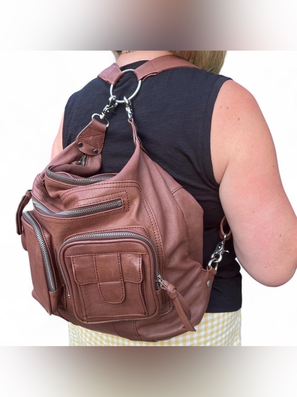 Casual Brown Leather Backpack Sling with Multifunction Pockets